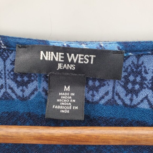 Nine West Womens Boho Lucy Tunic Top Blouse‎ M Roll Tab Sleeve Half Button Blue - Picture 6 of 10